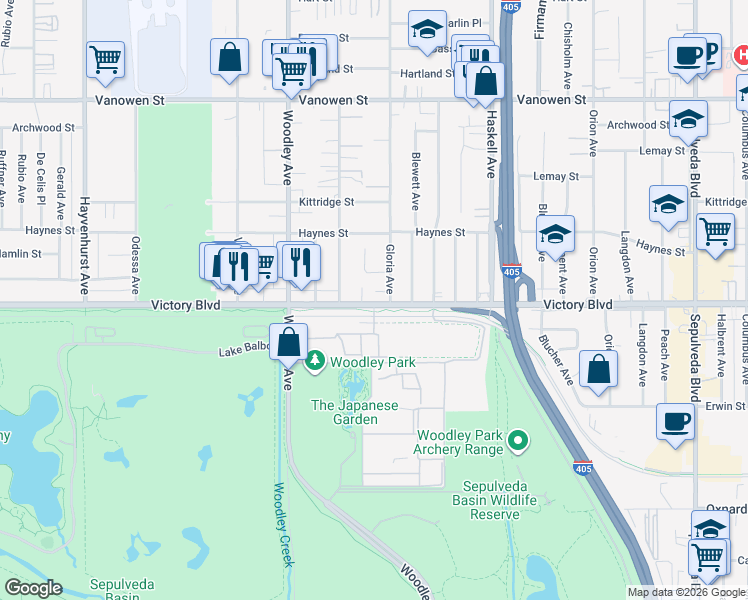 map of restaurants, bars, coffee shops, grocery stores, and more near 15935 1/2 Victory Boulevard in Los Angeles