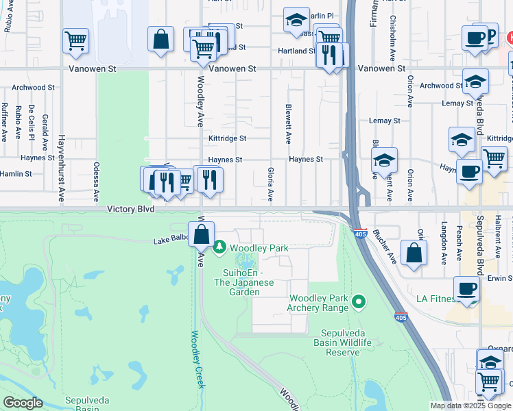map of restaurants, bars, coffee shops, grocery stores, and more near 15935 1/2 Victory Boulevard in Los Angeles