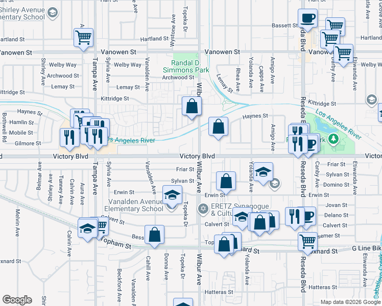 map of restaurants, bars, coffee shops, grocery stores, and more near 18902 Victory Boulevard in Los Angeles