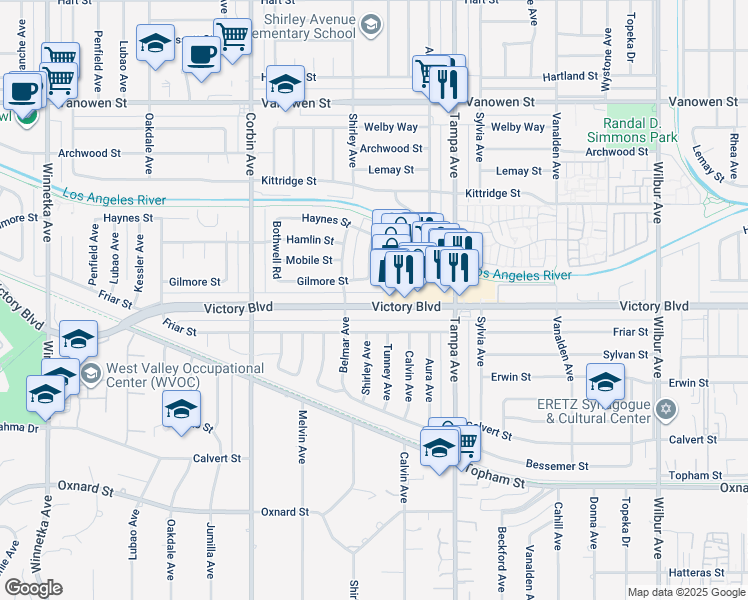 map of restaurants, bars, coffee shops, grocery stores, and more near 1944 Victory Boulevard in Los Angeles
