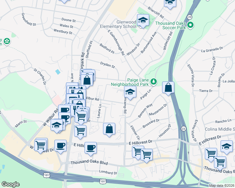 map of restaurants, bars, coffee shops, grocery stores, and more near 449 East Wilbur Road in Thousand Oaks