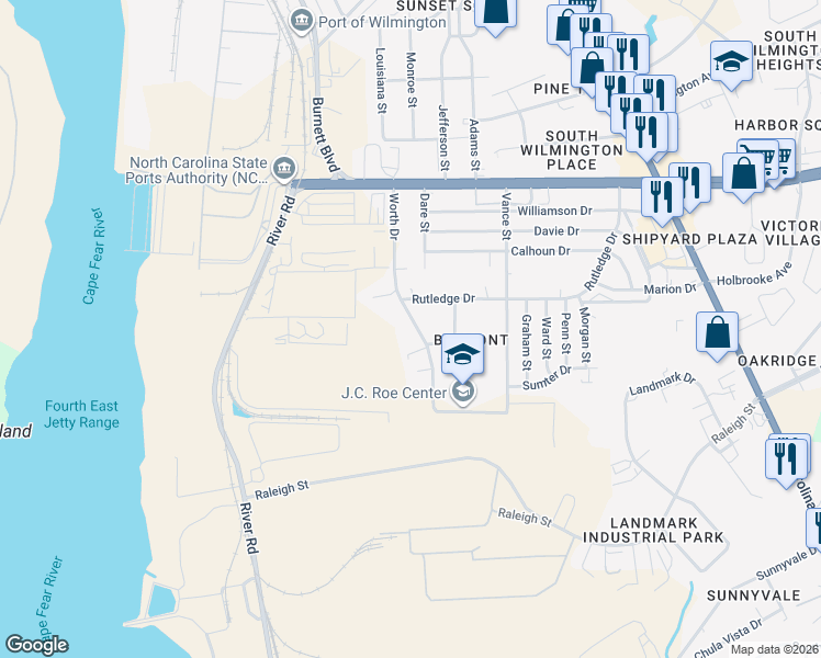 map of restaurants, bars, coffee shops, grocery stores, and more near 2830 Worth Drive in Wilmington