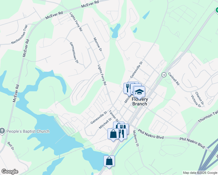 map of restaurants, bars, coffee shops, grocery stores, and more near 5940 Lights Ferry Road in Flowery Branch