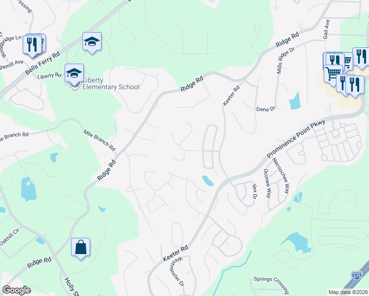 map of restaurants, bars, coffee shops, grocery stores, and more near 204 Creekside Pass in Canton