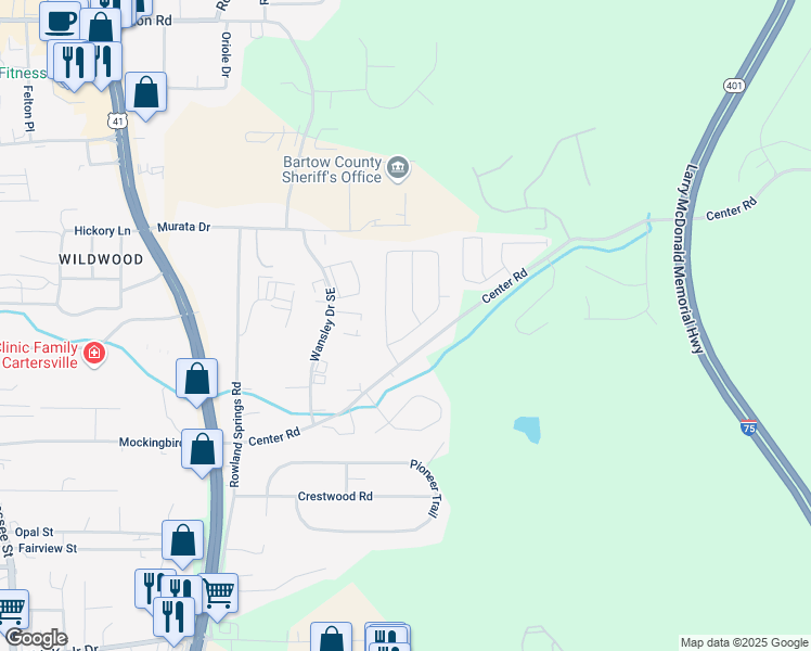 map of restaurants, bars, coffee shops, grocery stores, and more near 85 Ann Circle in Cartersville