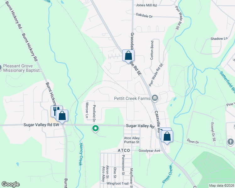 map of restaurants, bars, coffee shops, grocery stores, and more near 45 Miles Drive in Cartersville