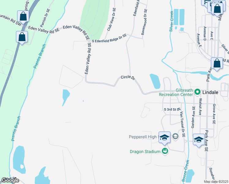 map of restaurants, bars, coffee shops, grocery stores, and more near 608 Eden Valley Road Southeast in Rome