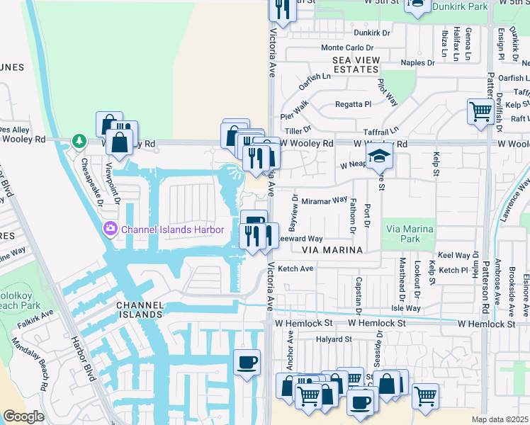 map of restaurants, bars, coffee shops, grocery stores, and more near 1430 Windshore Way in Oxnard