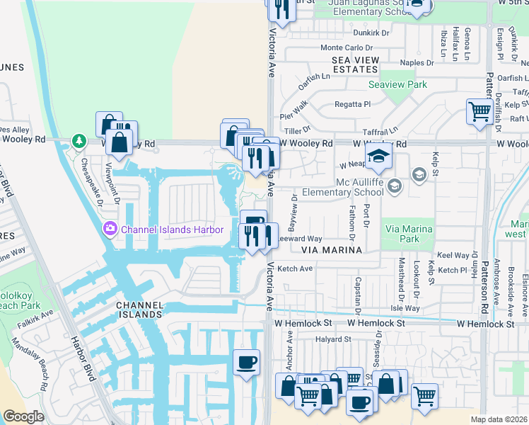 map of restaurants, bars, coffee shops, grocery stores, and more near 1430 Windshore Way in Oxnard