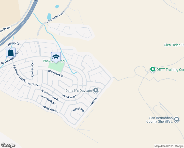 map of restaurants, bars, coffee shops, grocery stores, and more near 18288 Sassafras Lane in San Bernardino