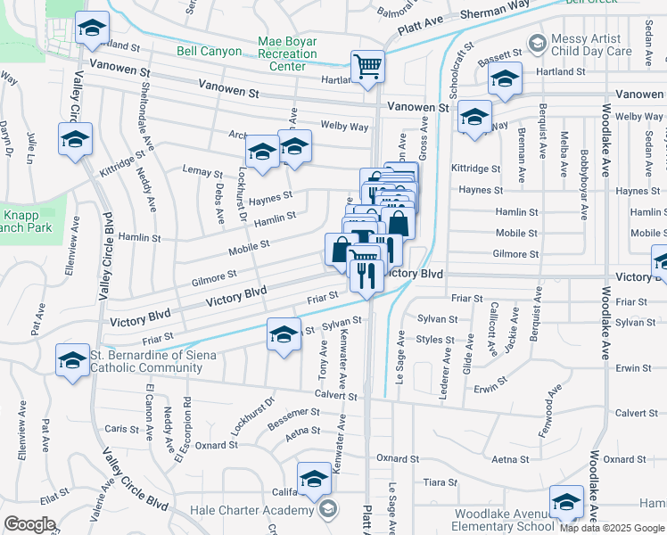 map of restaurants, bars, coffee shops, grocery stores, and more near 23823 Victory Boulevard in Los Angeles