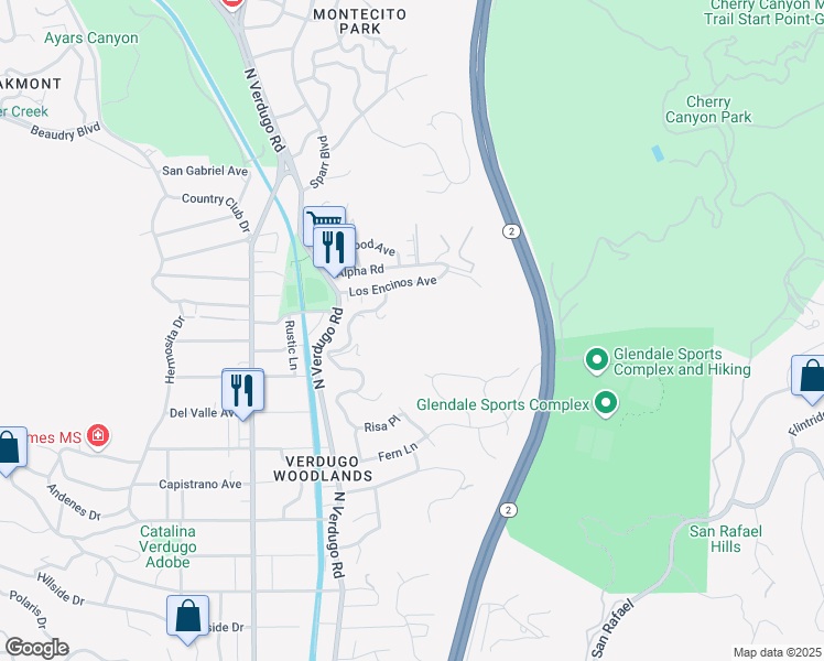 map of restaurants, bars, coffee shops, grocery stores, and more near Pasa Glen Drive in Glendale
