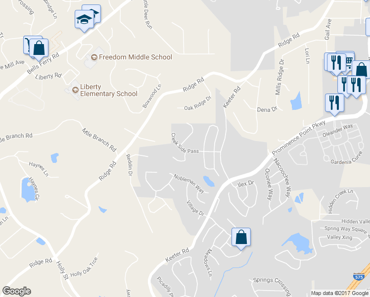 map of restaurants, bars, coffee shops, grocery stores, and more near 204 Creekside Pass in Canton