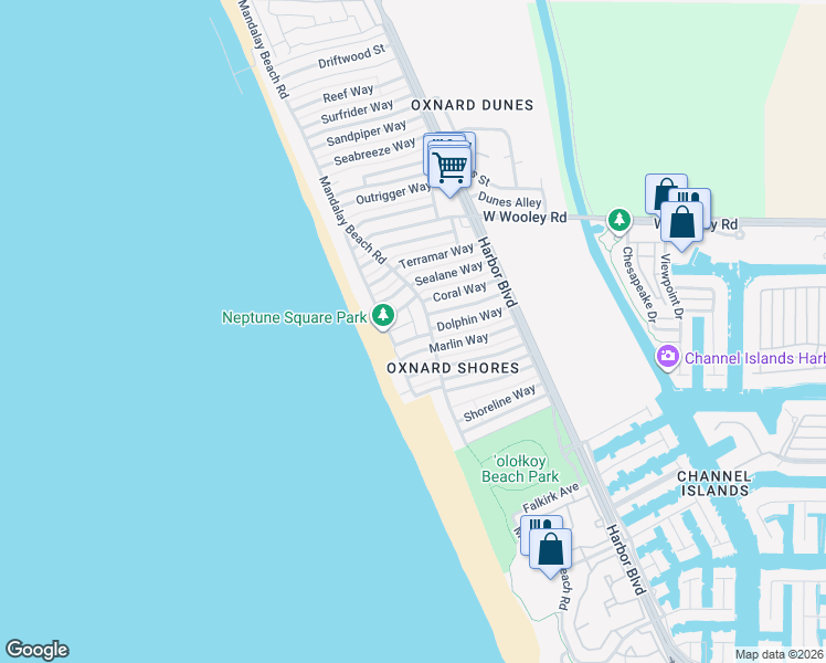 map of restaurants, bars, coffee shops, grocery stores, and more near 5123 Neptune Square in Oxnard
