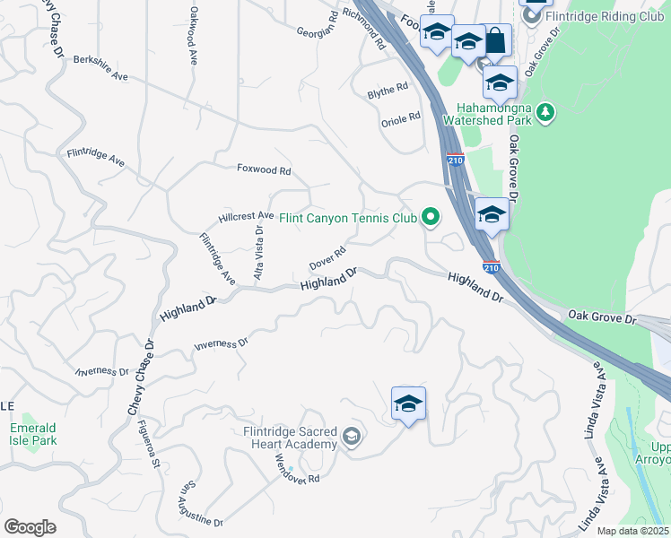 map of restaurants, bars, coffee shops, grocery stores, and more near 563 Highland Drive in La Cañada Flintridge