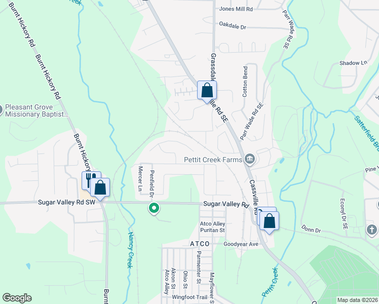 map of restaurants, bars, coffee shops, grocery stores, and more near 45 Miles Drive in Cartersville