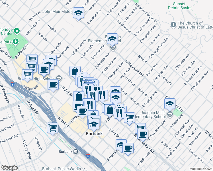 map of restaurants, bars, coffee shops, grocery stores, and more near 536 East Magnolia Boulevard in Burbank