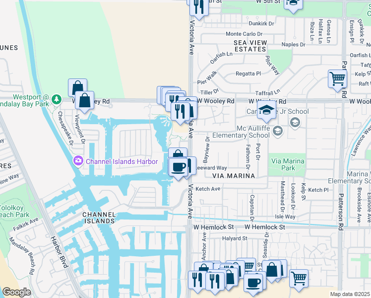 map of restaurants, bars, coffee shops, grocery stores, and more near 1428 Windshore Way in Oxnard