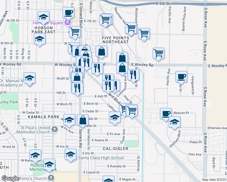 map of restaurants, bars, coffee shops, grocery stores, and more near J Street in Oxnard