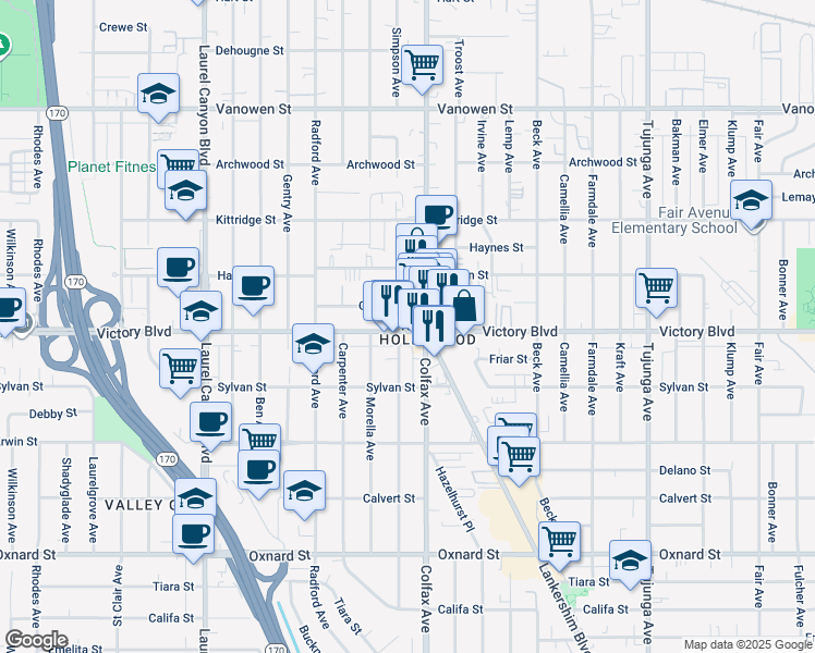 map of restaurants, bars, coffee shops, grocery stores, and more near 11717 Victory Boulevard in Los Angeles