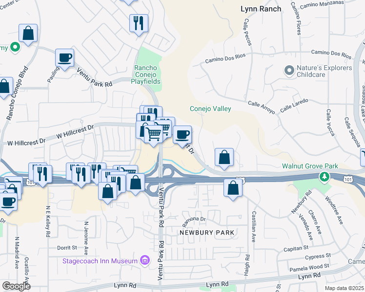 map of restaurants, bars, coffee shops, grocery stores, and more near 520 North Ventu Park Road in Thousand Oaks