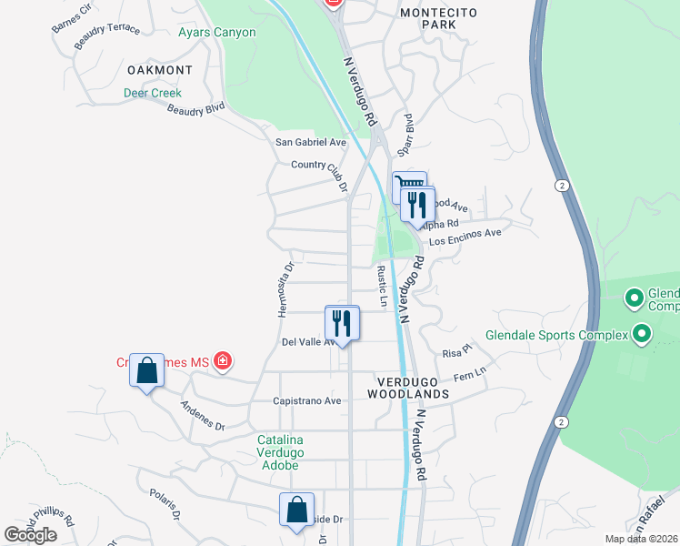 map of restaurants, bars, coffee shops, grocery stores, and more near 1669 Glorietta Avenue in Glendale