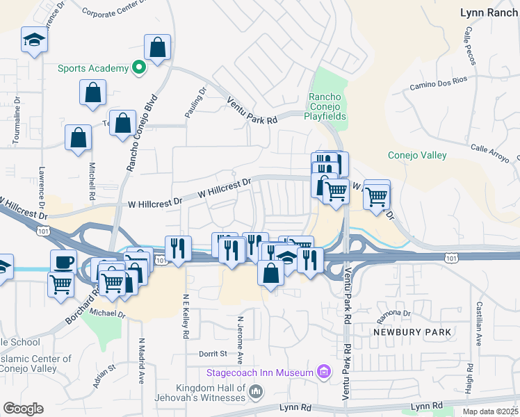 map of restaurants, bars, coffee shops, grocery stores, and more near 610 Avenida de la Plata in Thousand Oaks