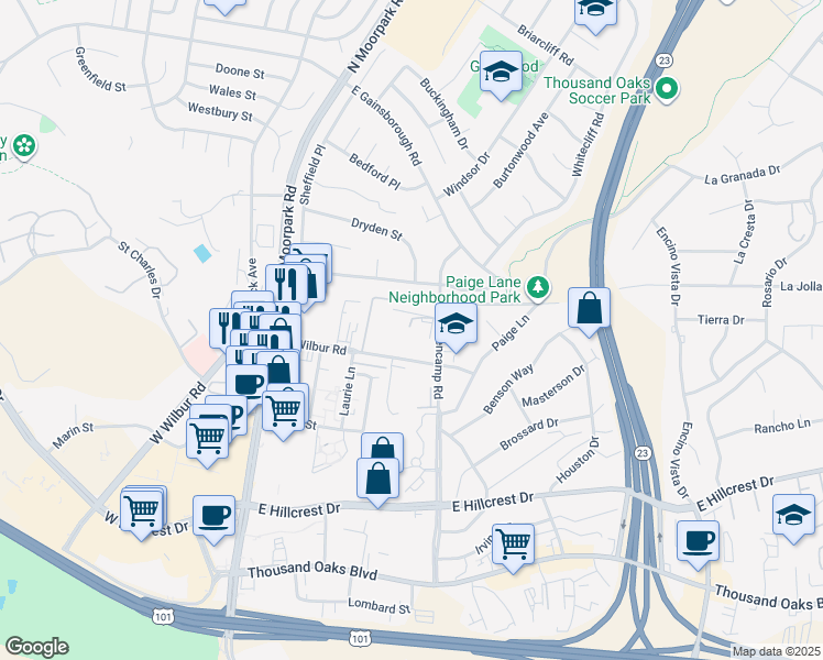 map of restaurants, bars, coffee shops, grocery stores, and more near 450 East Wilbur Road in Thousand Oaks