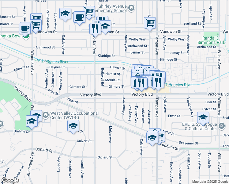 map of restaurants, bars, coffee shops, grocery stores, and more near 19533 Victory Boulevard in Los Angeles