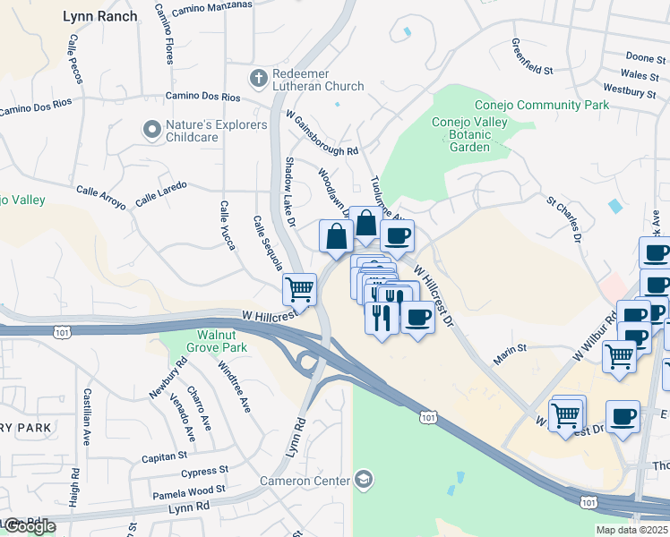 map of restaurants, bars, coffee shops, grocery stores, and more near 588 West Hillcrest Drive in Thousand Oaks