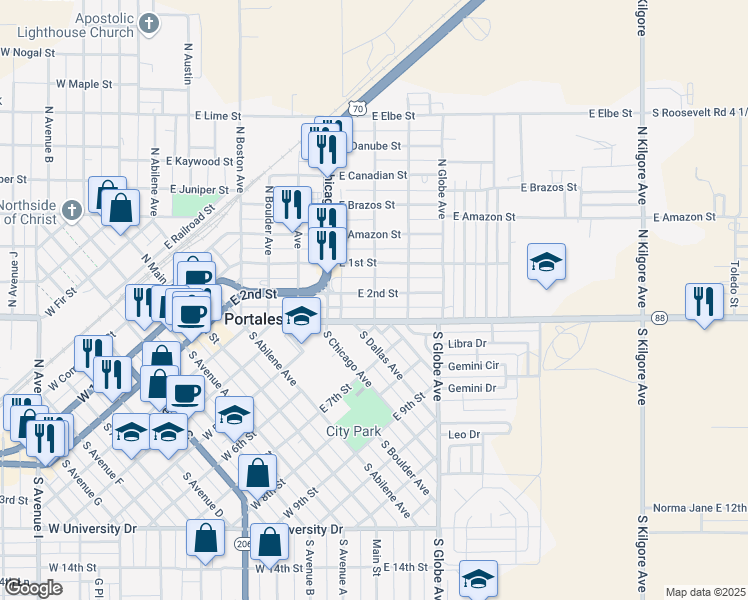 map of restaurants, bars, coffee shops, grocery stores, and more near 200 South Elgin Avenue in Portales