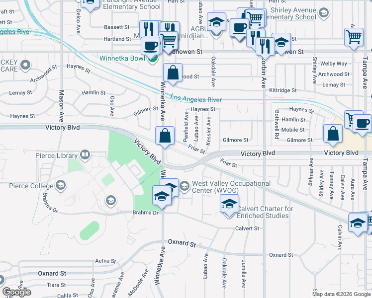 map of restaurants, bars, coffee shops, grocery stores, and more near 20008 Friar Street in Los Angeles