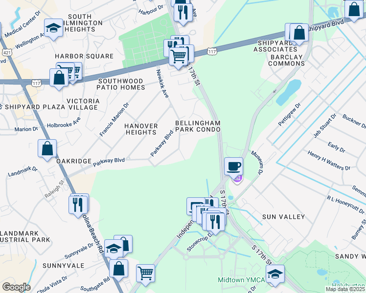 map of restaurants, bars, coffee shops, grocery stores, and more near 2925 Newkirk Avenue in Wilmington