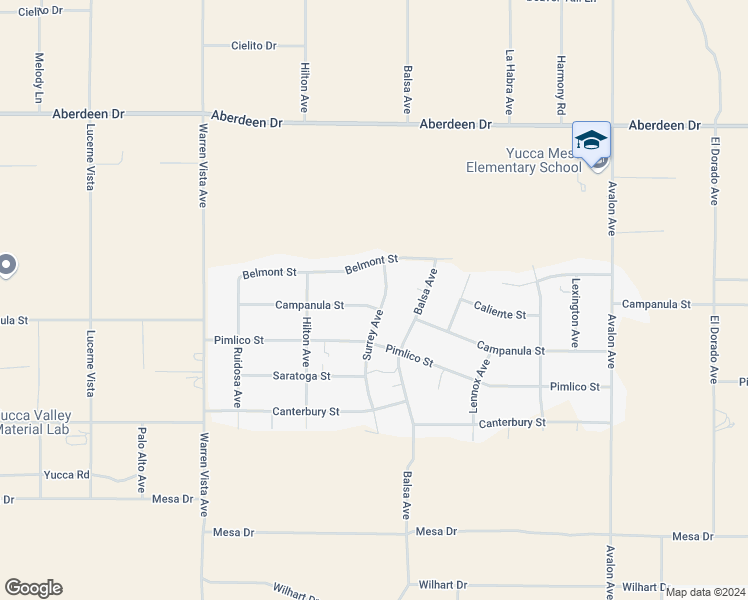 map of restaurants, bars, coffee shops, grocery stores, and more near 3648 Surrey Avenue in Yucca Valley