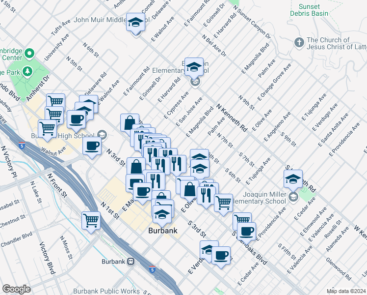 map of restaurants, bars, coffee shops, grocery stores, and more near 536 East Magnolia Boulevard in Burbank