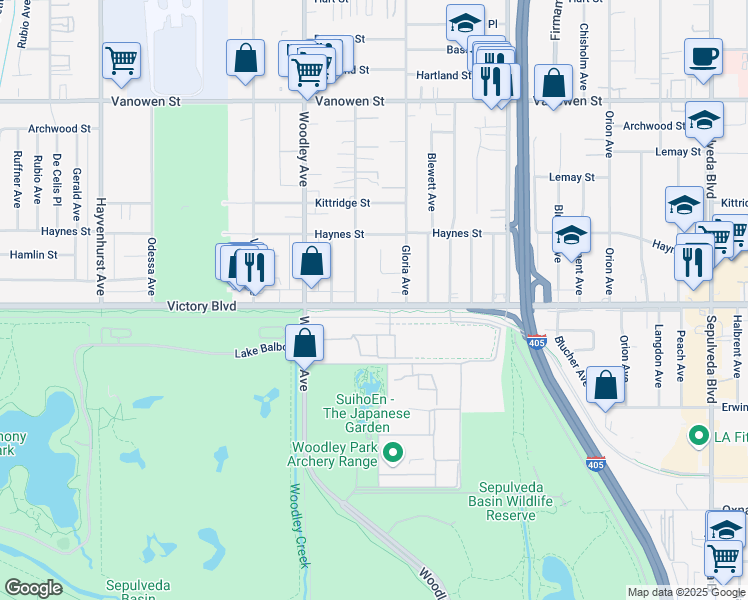 map of restaurants, bars, coffee shops, grocery stores, and more near 15939 Victory Boulevard in Los Angeles