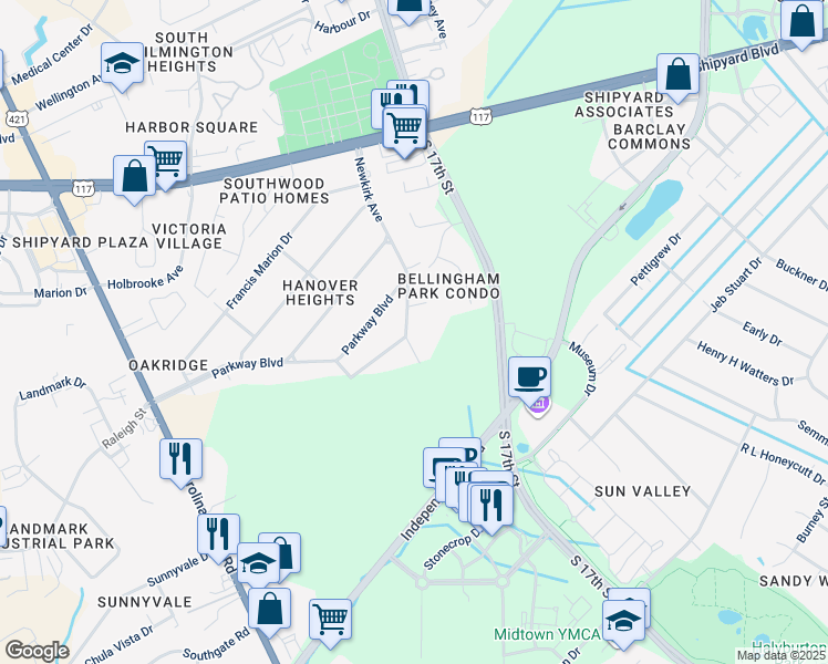 map of restaurants, bars, coffee shops, grocery stores, and more near 2925 Newkirk Avenue in Wilmington