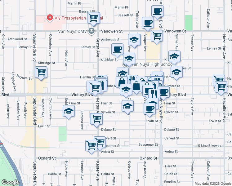 map of restaurants, bars, coffee shops, grocery stores, and more near 14752 Victory Boulevard in Los Angeles