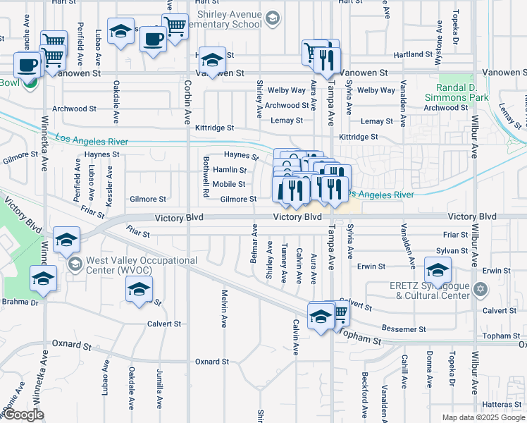 map of restaurants, bars, coffee shops, grocery stores, and more near 19447 Victory Boulevard in Los Angeles