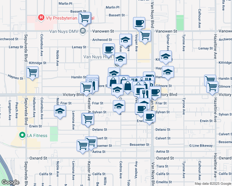 map of restaurants, bars, coffee shops, grocery stores, and more near 14706 Victory Boulevard in Los Angeles