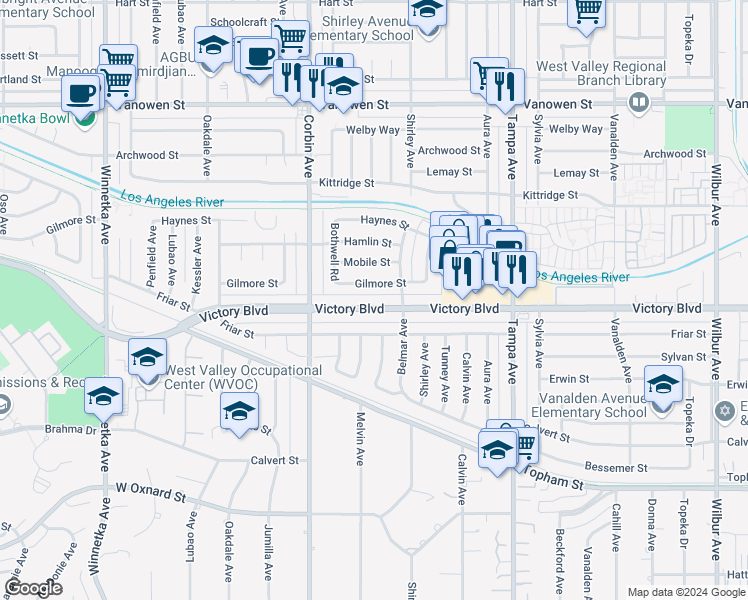 map of restaurants, bars, coffee shops, grocery stores, and more near 19533 Victory Boulevard in Los Angeles