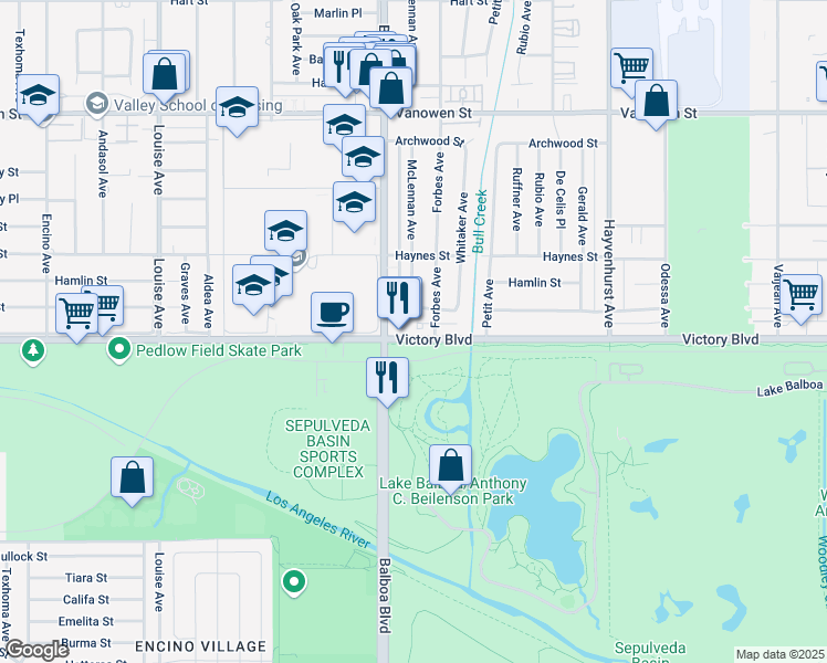 map of restaurants, bars, coffee shops, grocery stores, and more near 16815 Victory Boulevard in Los Angeles
