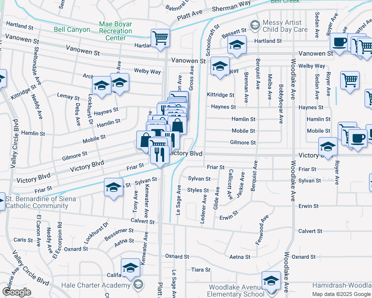 map of restaurants, bars, coffee shops, grocery stores, and more near 23541 Victory Boulevard in Los Angeles