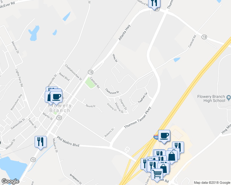 map of restaurants, bars, coffee shops, grocery stores, and more near 4701 Clarkstone Drive in Flowery Branch