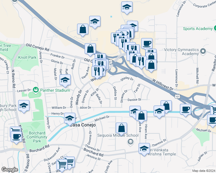 map of restaurants, bars, coffee shops, grocery stores, and more near 676 Randy Drive in Ventura County