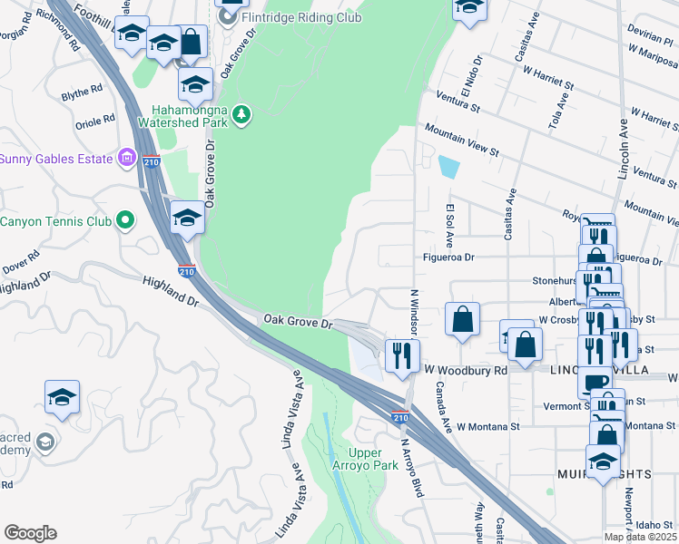 map of restaurants, bars, coffee shops, grocery stores, and more near 2397 Vista Laguna Terrace in Pasadena