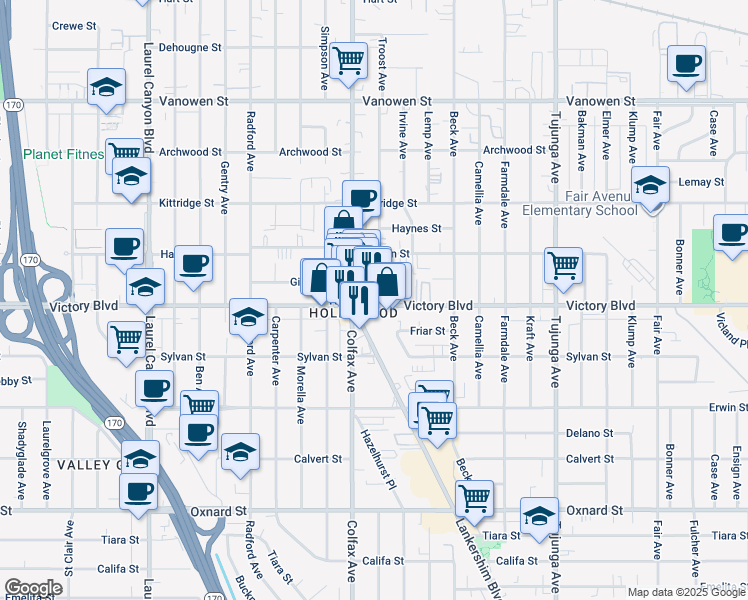 map of restaurants, bars, coffee shops, grocery stores, and more near 11671 Victory Boulevard in Los Angeles