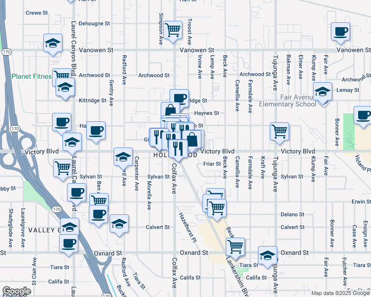 map of restaurants, bars, coffee shops, grocery stores, and more near 11671 Victory Boulevard in Los Angeles