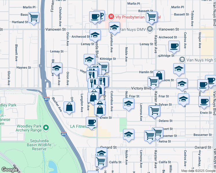 map of restaurants, bars, coffee shops, grocery stores, and more near in Los Angeles