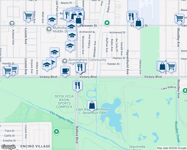 map of restaurants, bars, coffee shops, grocery stores, and more near 16731 Victory Boulevard in Los Angeles